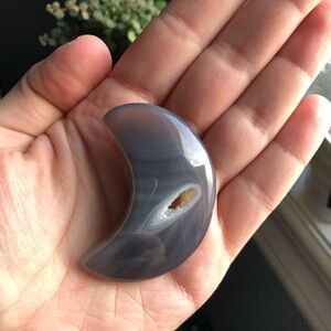 grey banded agate crystal crescent moon with druzy